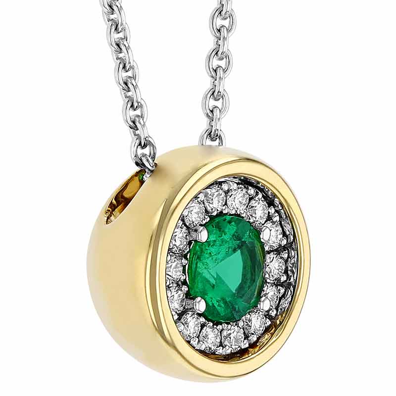 Round Emerald & Diamond Halo Pendant in Two Tone Gold, 18