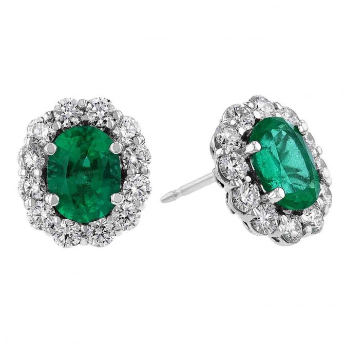 Oval Emerald & Diamond Halo Stud Earrings in White Gold