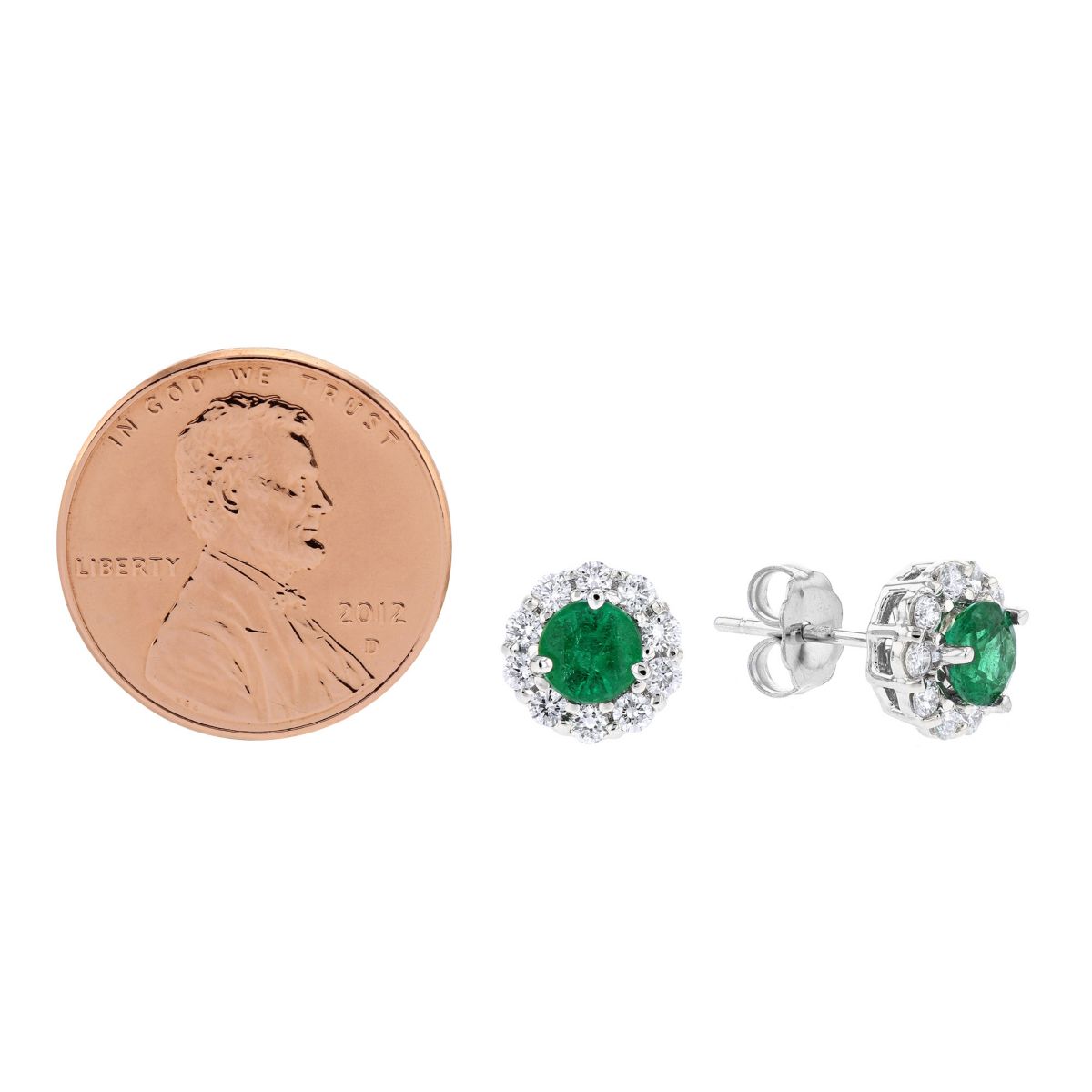 Emerald & Diamond Halo Stud Earrings in White Gold