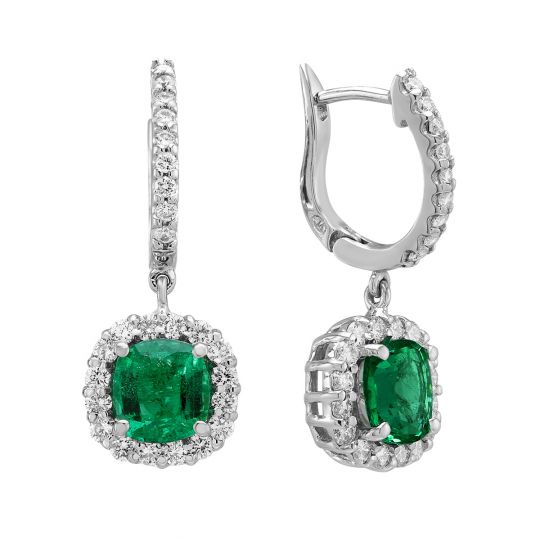 18k White Gold Diamond Halo Emerald Dangle Earrings Borsheims 18k White Gold Diamond Halo Emerald Dangle Earrings