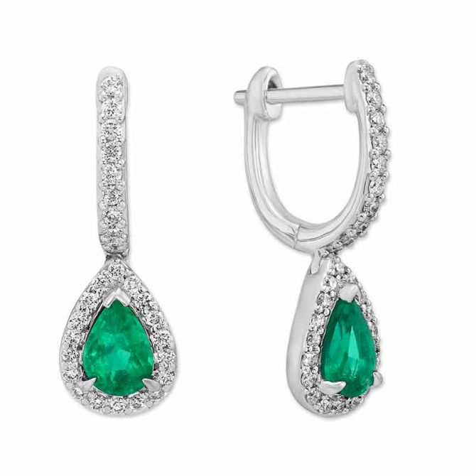14K White Gold Pear Shaped Emerald & Diamond Halo Drop Earrings