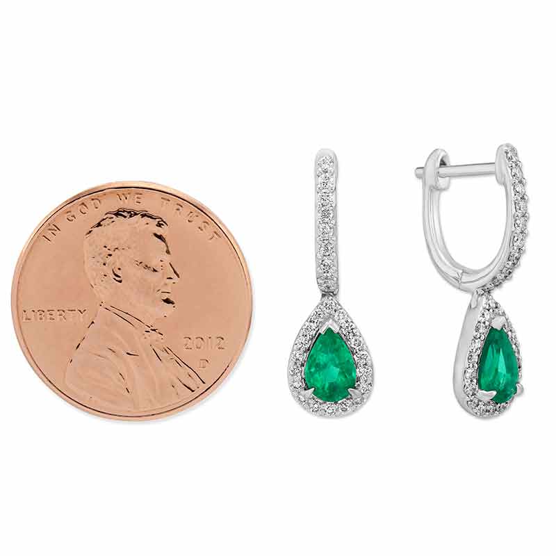 14K White Gold Pear Shaped Emerald & Diamond Halo Drop Earrings