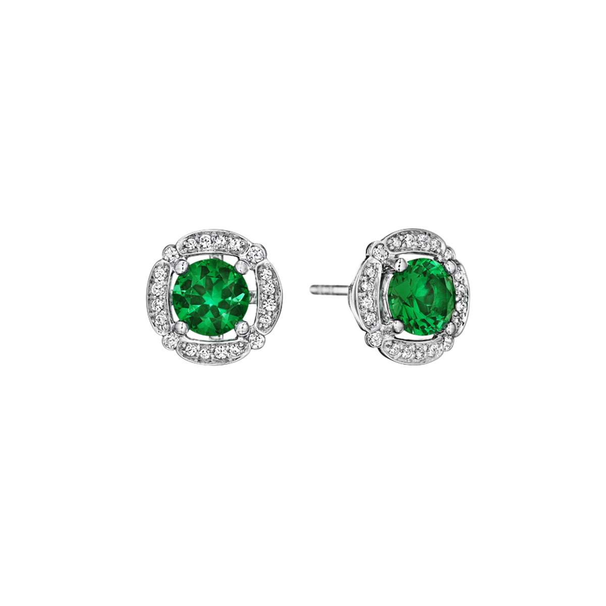 Emerald & Diamond Frame Round Stud Earrings in White Gold