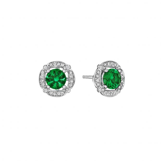 Emerald & Diamond Frame Round Stud Earrings in White Gold