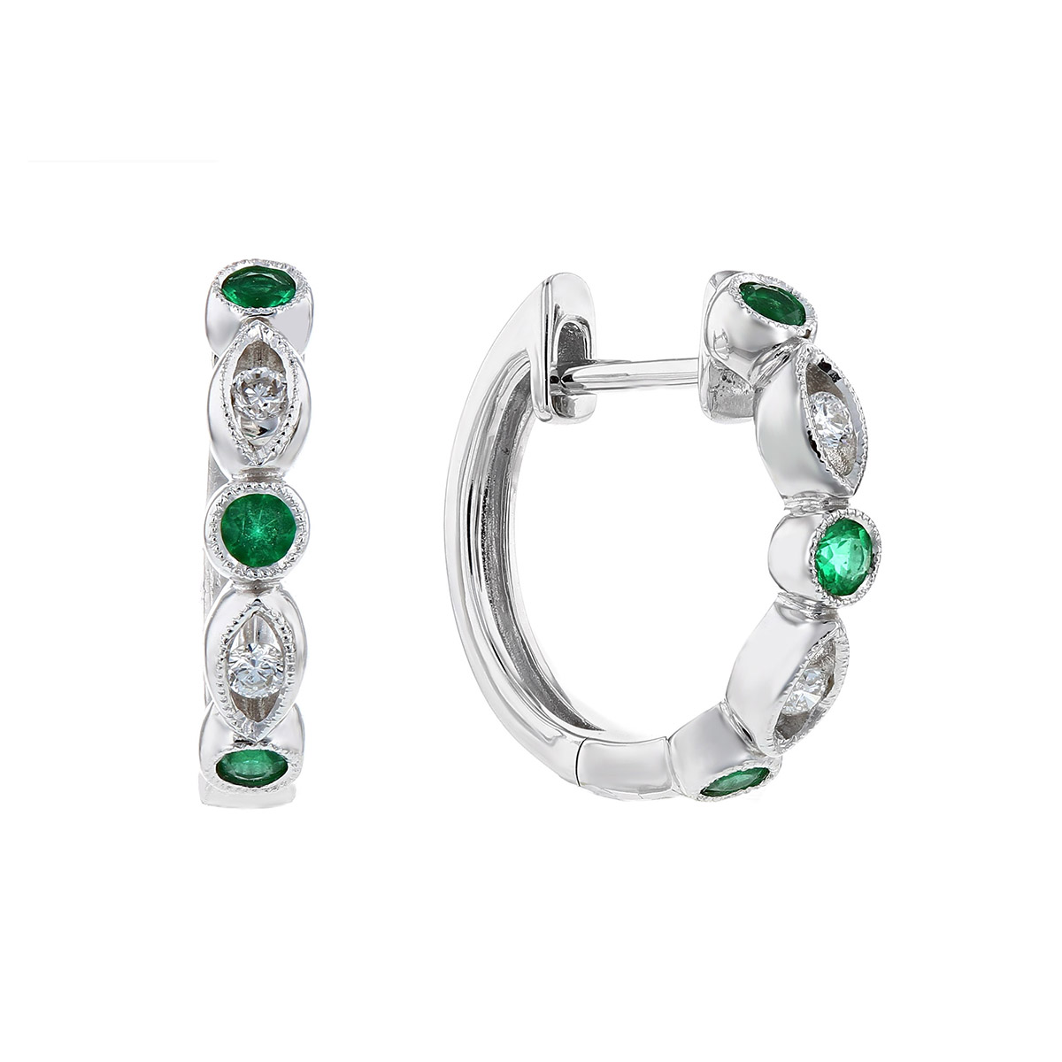 14K White Gold Emerald & Diamond Round & Navette Bezel Set Station Hoop ...