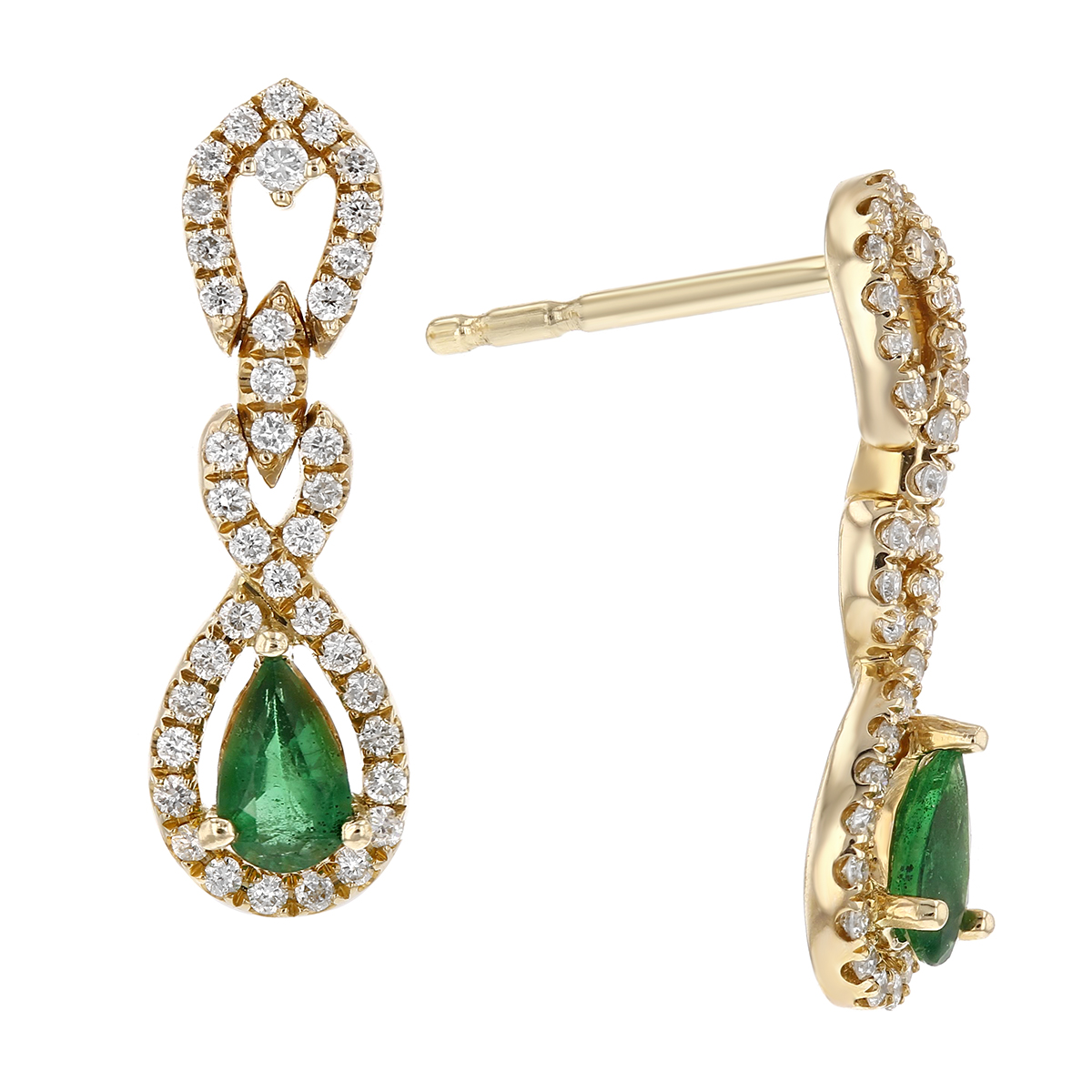 14K Yellow Gold Pear Shaped Emerald & Diamond Twist Halo Dangle