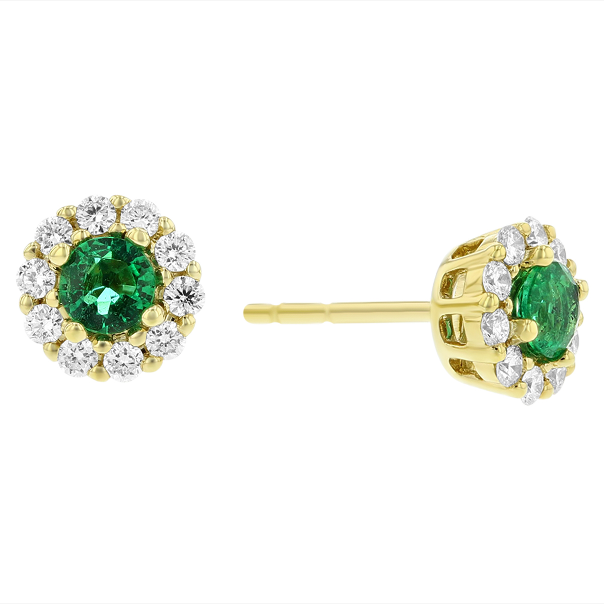 14k Yellow Gold Round Emerald And Diamond Earrings 