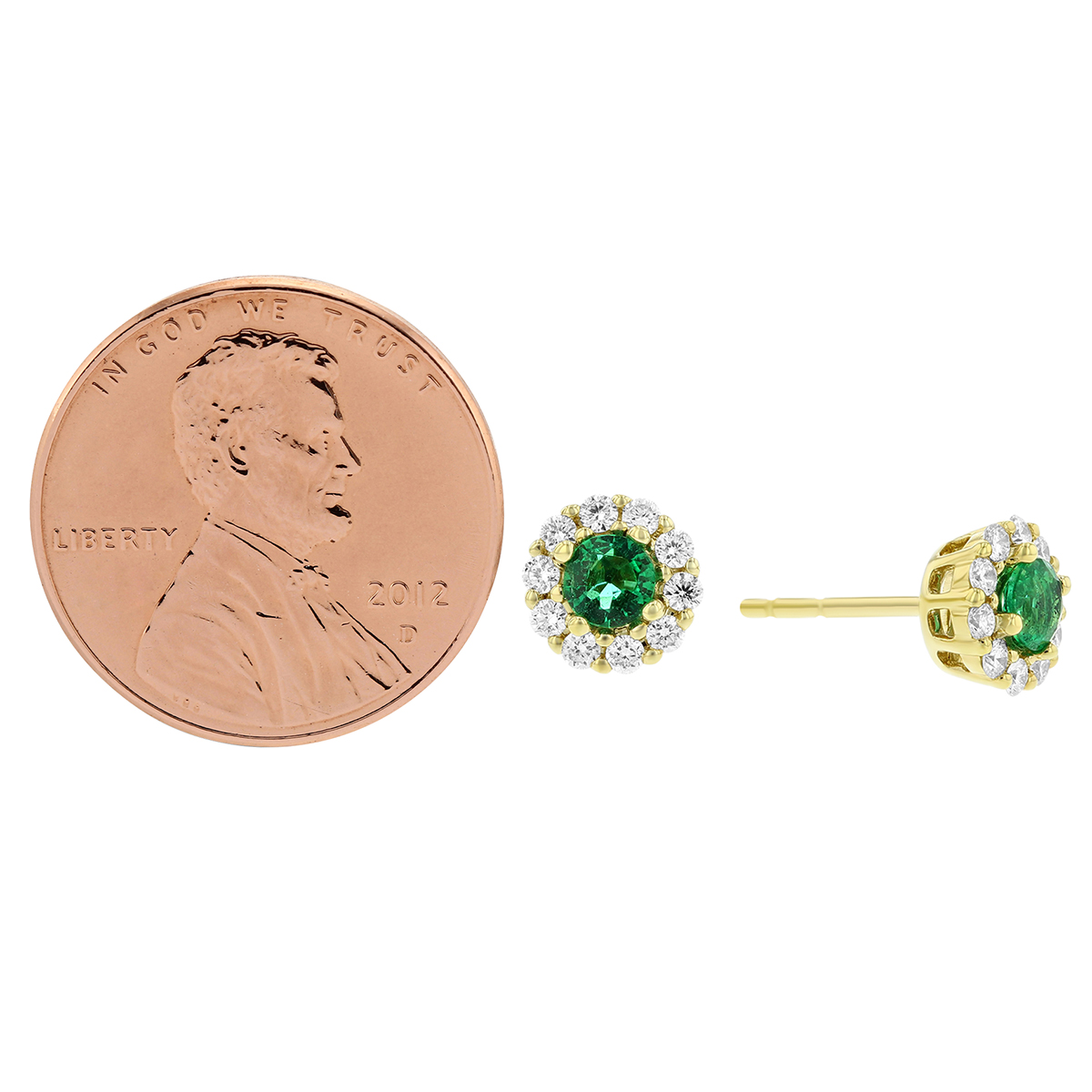 14K Yellow Gold Round Emerald & Diamond Halo Stud Earrings