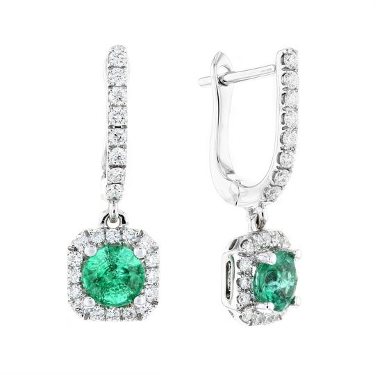 3 Bezel Emerald Round Dangle Earrings White Gold Silver