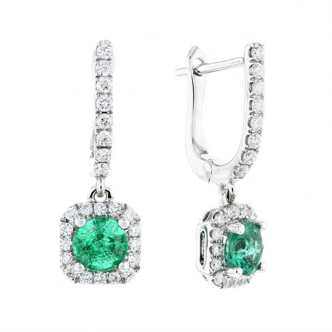 14K White Gold Round Emerald Diamond Halo Leverback Dangle Earrings