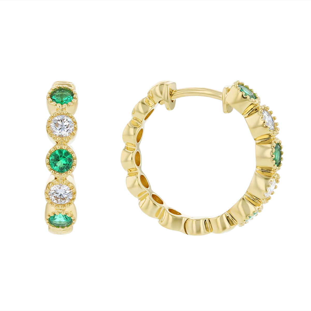 18K Yellow Gold Round Emerald & Diamond Milgrain Hoop Earrings