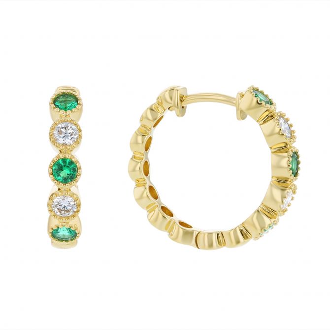 18K Yellow Gold Round Emerald & Diamond Milgrain Hoop Earrings