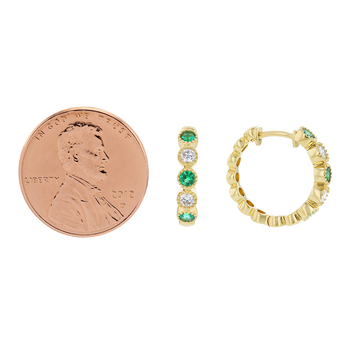 18K Yellow Gold Round Emerald & Diamond Milgrain Hoop Earrings