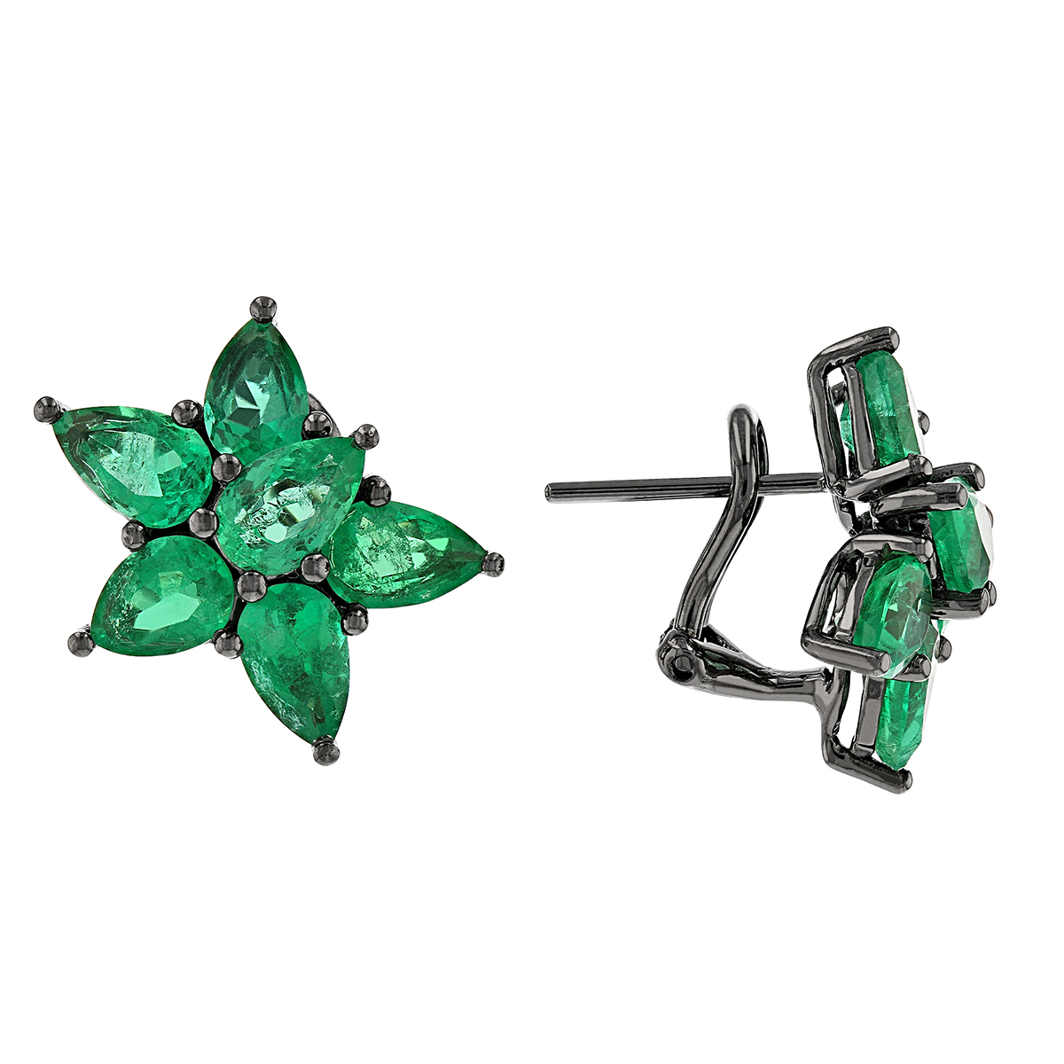 Emerald Flower Cluster Post Earrings in Black Rhodium Plated White Gold