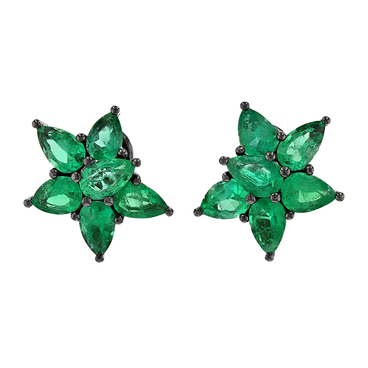 Emerald Flower Cluster Post Earrings in Black Rhodium Plated White Gold