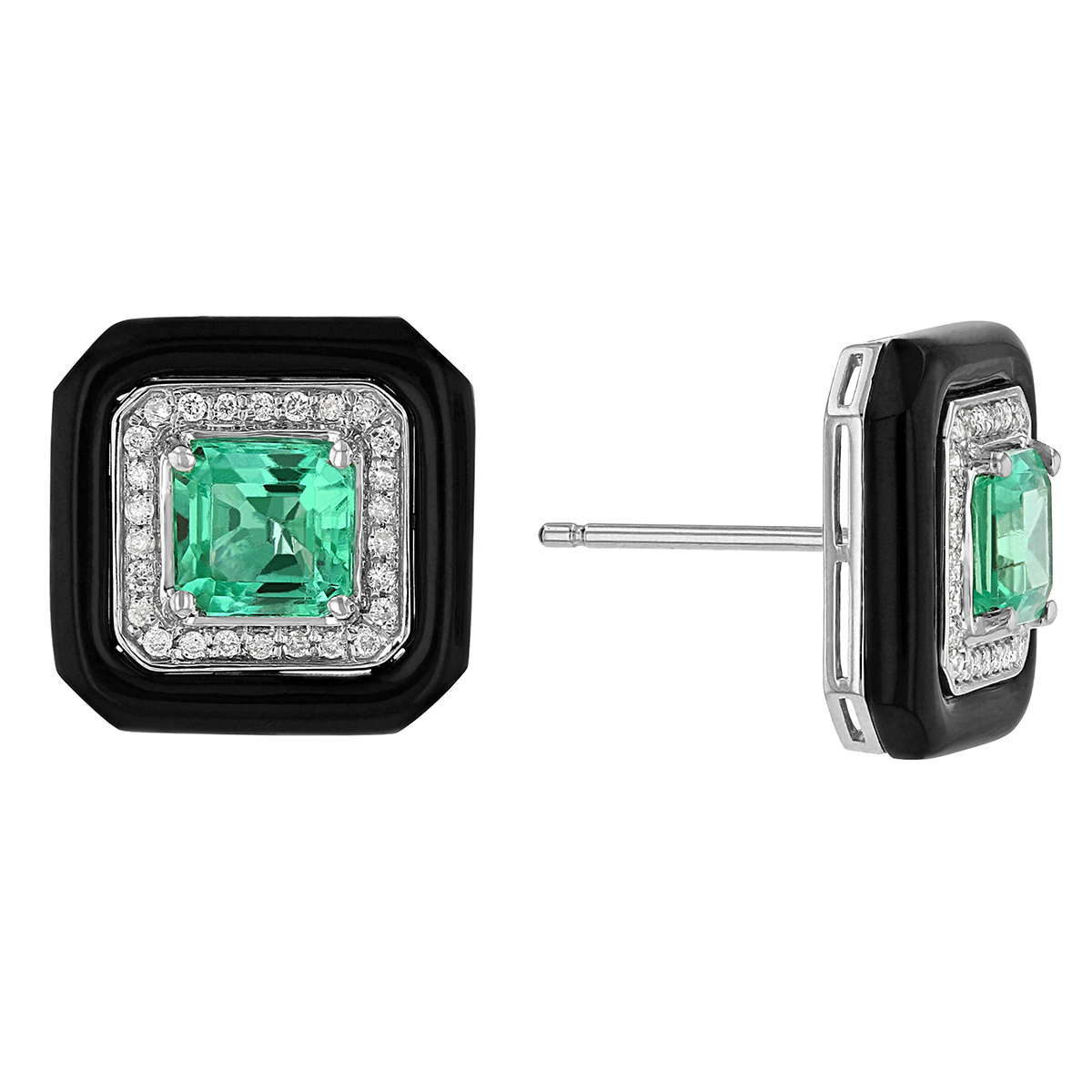Emerald, Diamond, & Black Agate Frame Post Earrings in White Gold
