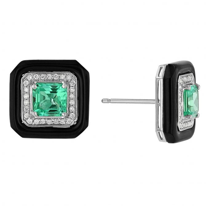 Emerald, Diamond, & Black Agate Frame Post Earrings in White Gold