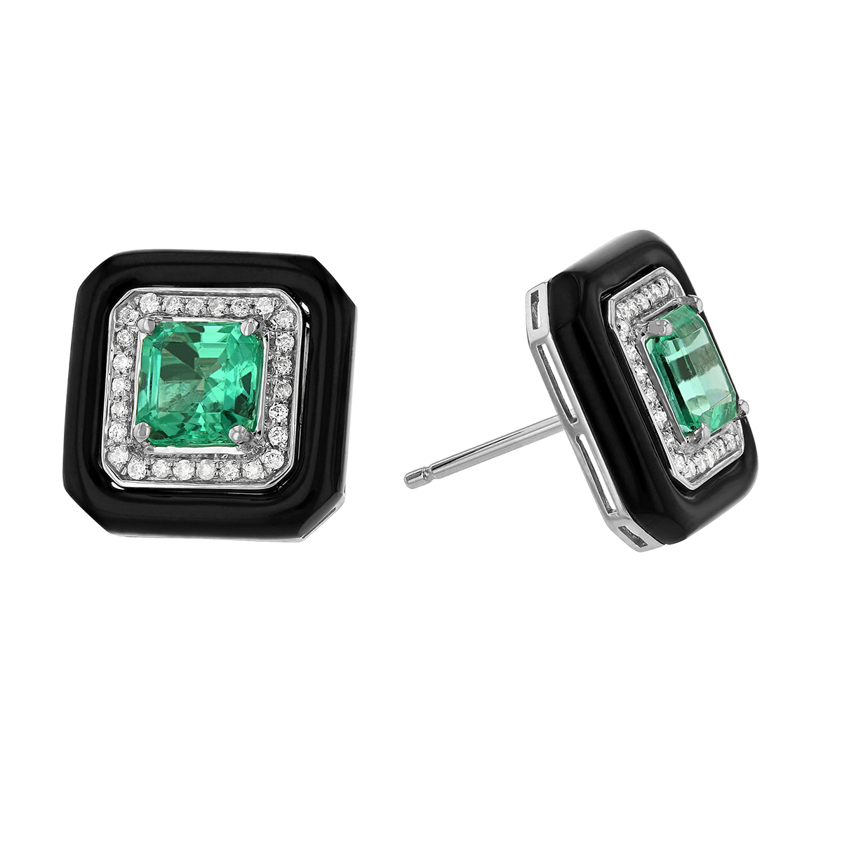 Emerald, Diamond, & Black Agate Frame Post Earrings in White Gold
