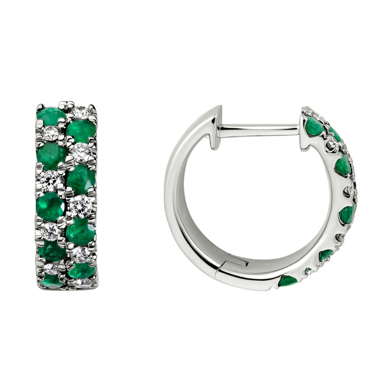 Emerald & Diamond 2 Row Huggie Hoop Earrings in White Gold | Borsheims