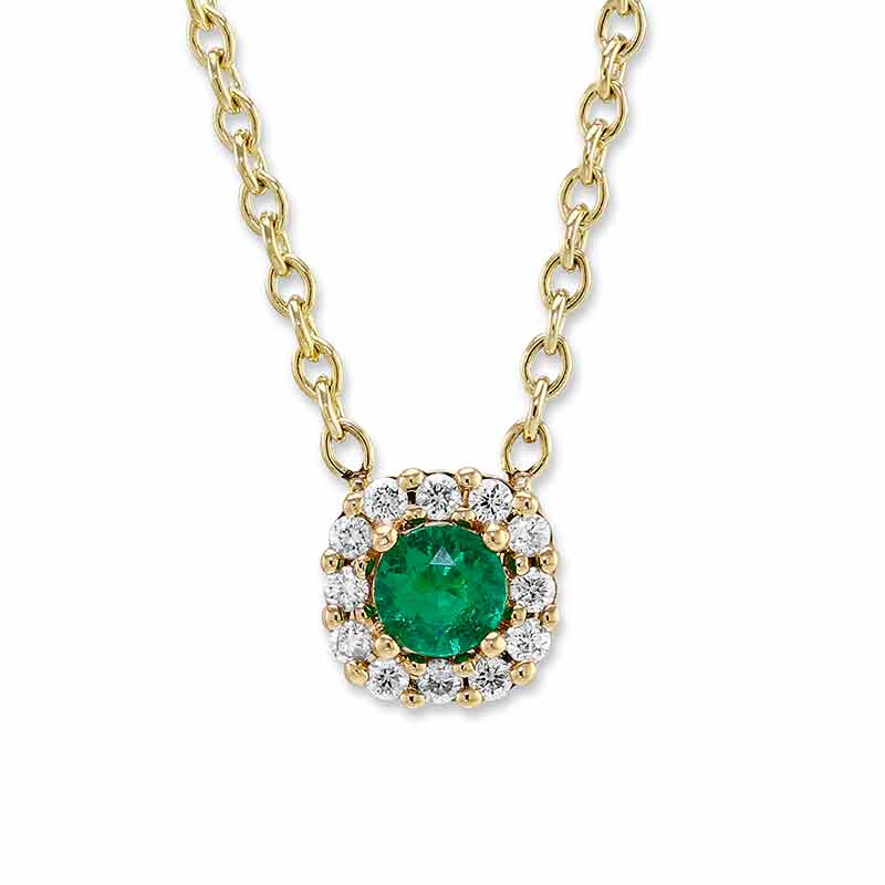 Round Emerald & Diamond Halo Petite Necklace in Yellow Gold, 18