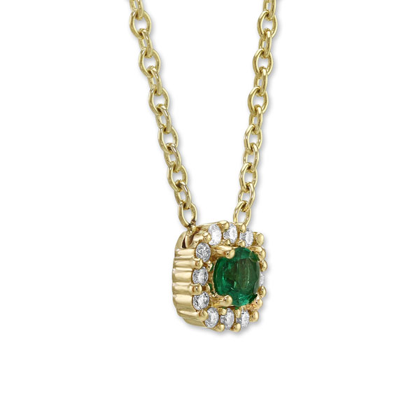 Round Emerald & Diamond Halo Petite Necklace in Yellow Gold, 18