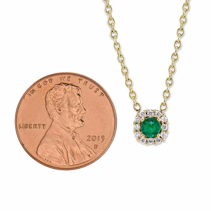 Round Emerald & Diamond Halo Petite Necklace in Yellow Gold, 18