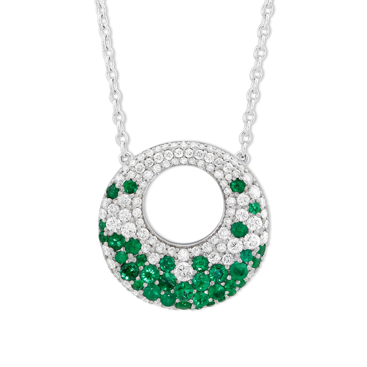 14K White Gold Emerald & Diamond Circle Pendant, 18