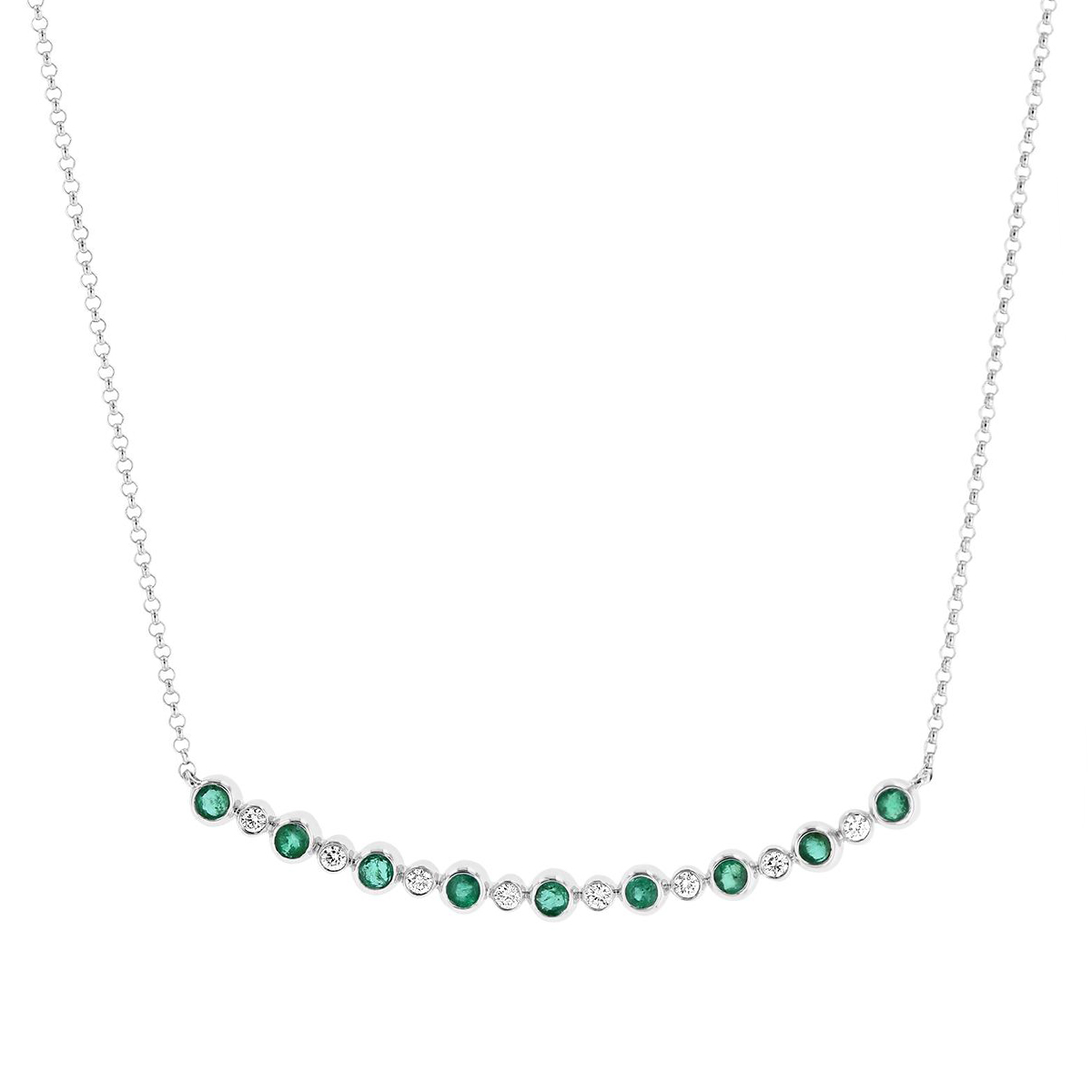 Emerald & Diamond Bezel Curved Bar Necklace in White Gold, 16