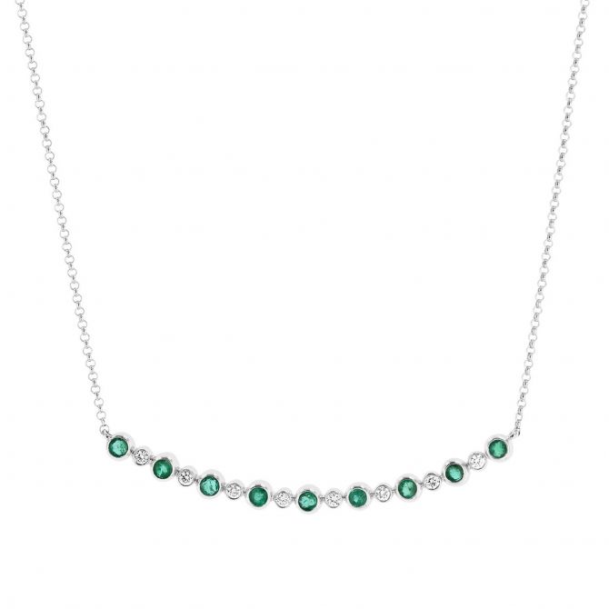 Emerald & Diamond Bezel Curved Bar Necklace in White Gold, 16"