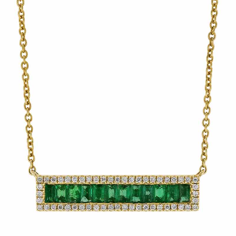 Baguette Emerald & Diamond Frame Bar Necklace in Yellow Gold, 18