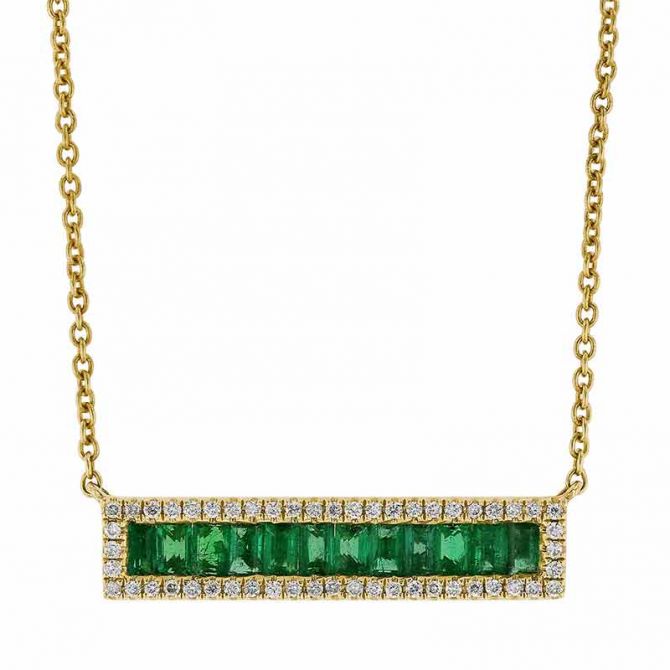 Baguette Emerald & Diamond Frame Bar Necklace in Yellow Gold, 18"