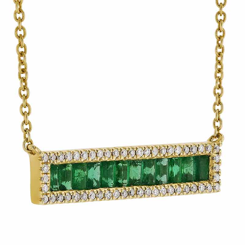 Baguette Emerald & Diamond Frame Bar Necklace in Yellow Gold, 18