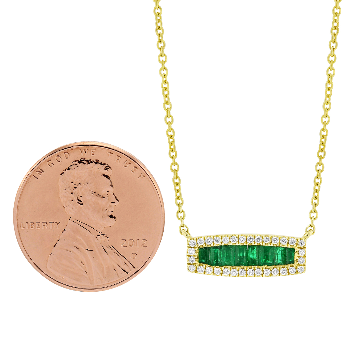 Baguette Emerald Bar Necklace with Diamond Frame in Yellow Gold, 18