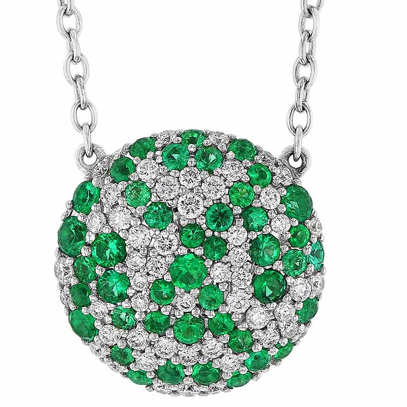 Emerald & Diamond Cluster Pavé Disc Necklace in White Gold, 18