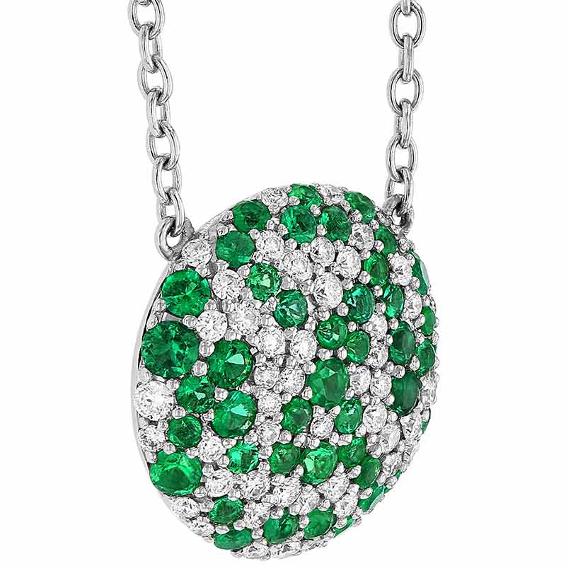 Emerald & Diamond Cluster Pavé Disc Necklace in White Gold, 18