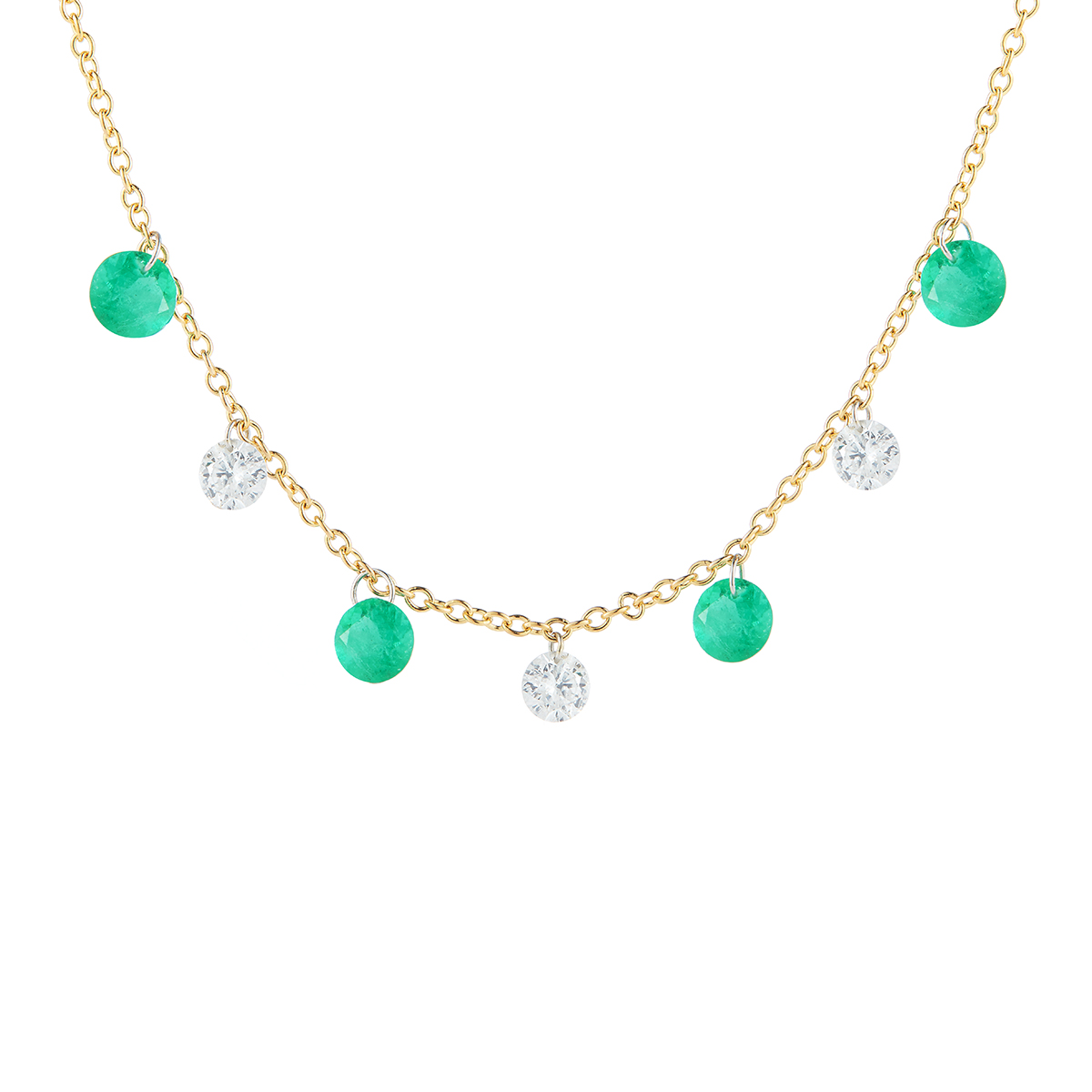 Aresa Round Emerald & Diamond Opus Color Fringe Necklace in Yellow Gold, 18