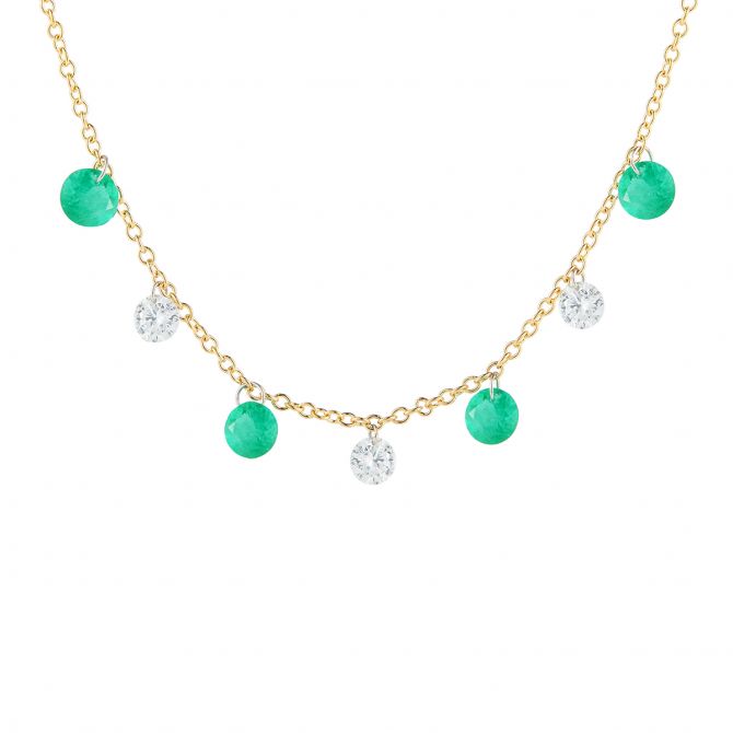 Aresa Round Emerald & Diamond Opus Color Fringe Necklace in Yellow Gold, 18"
