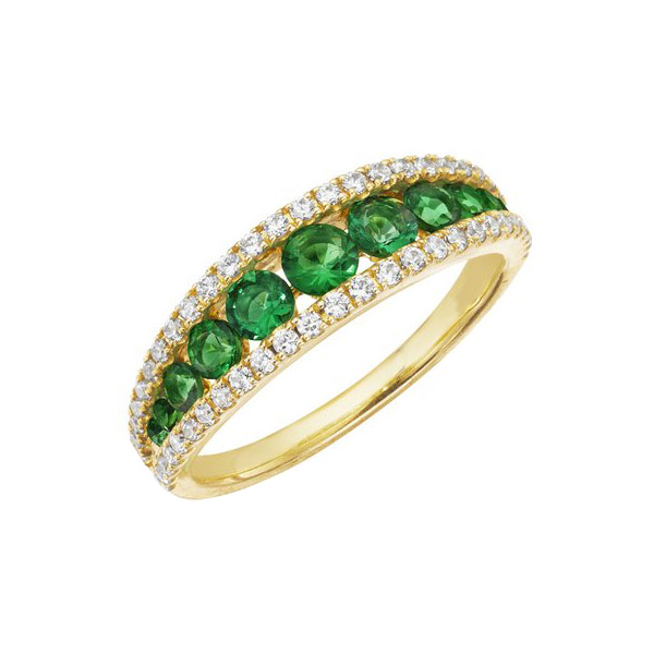 Emerald & Diamond 3 Row Graduated Ring in Yellow Gold