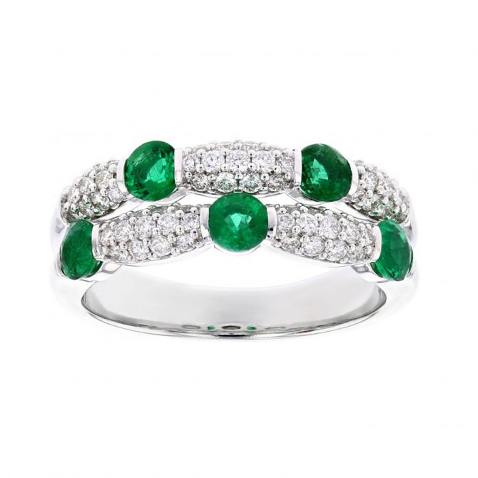Round Emerald & Diamond 2 Row Station Ring in White Gold