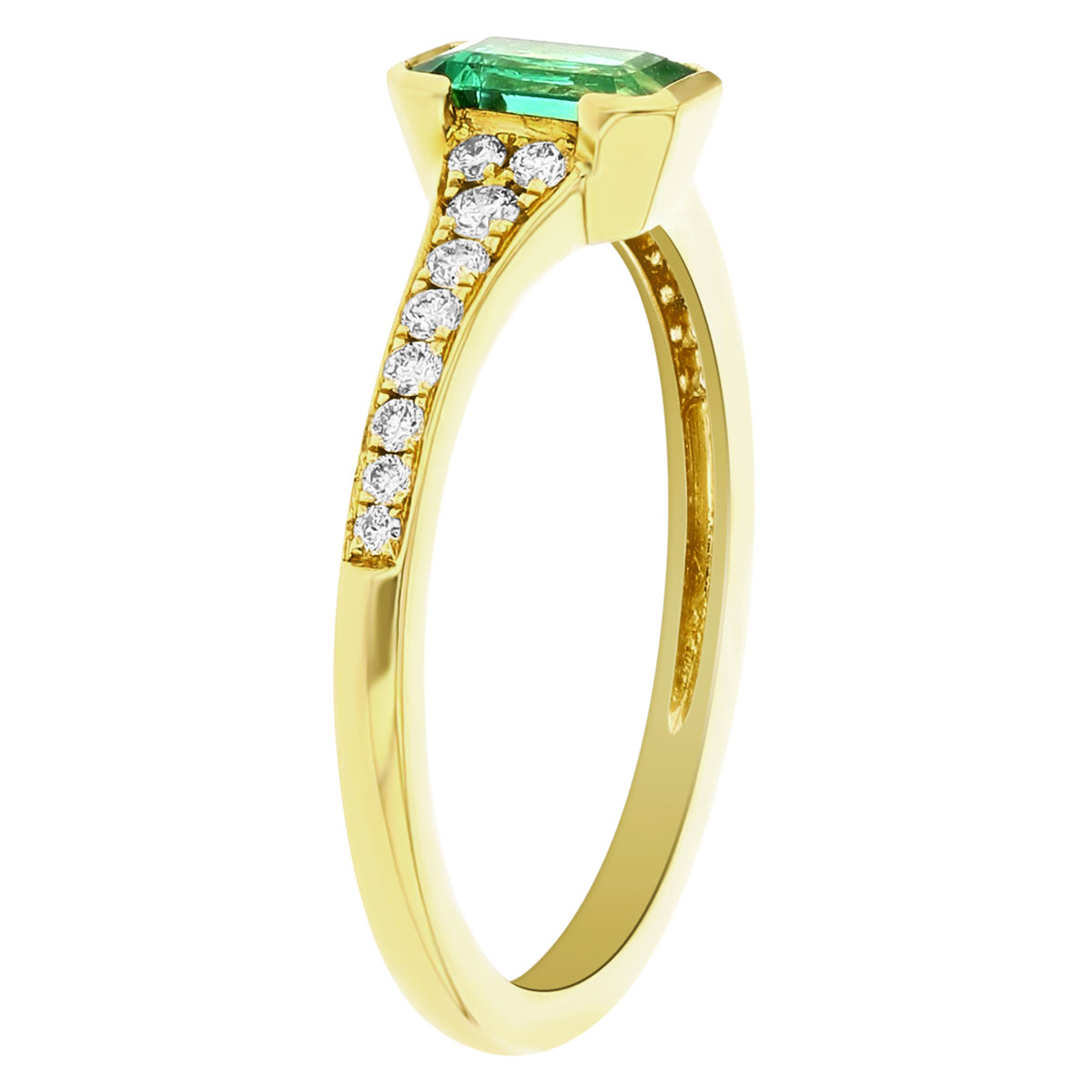 14K Yellow Gold Emerald Cut Emerald Ring with Diamond Tapered Shank