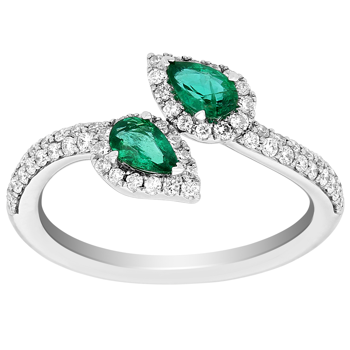 Pear Shaped Emerald & Diamond Halo Bypass Open Ring in White Gold
