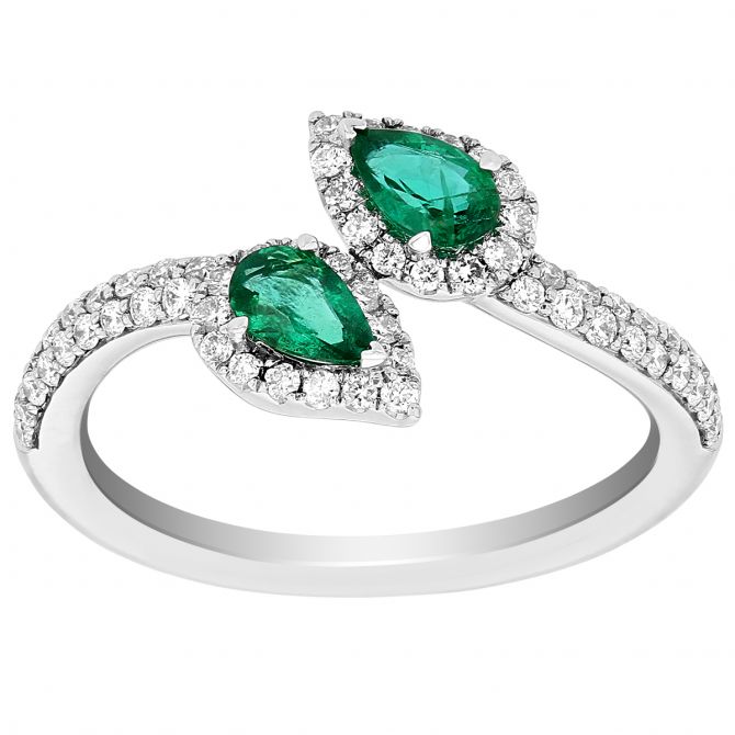 Pear Shaped Emerald & Diamond Halo Bypass Open Ring in White Gold