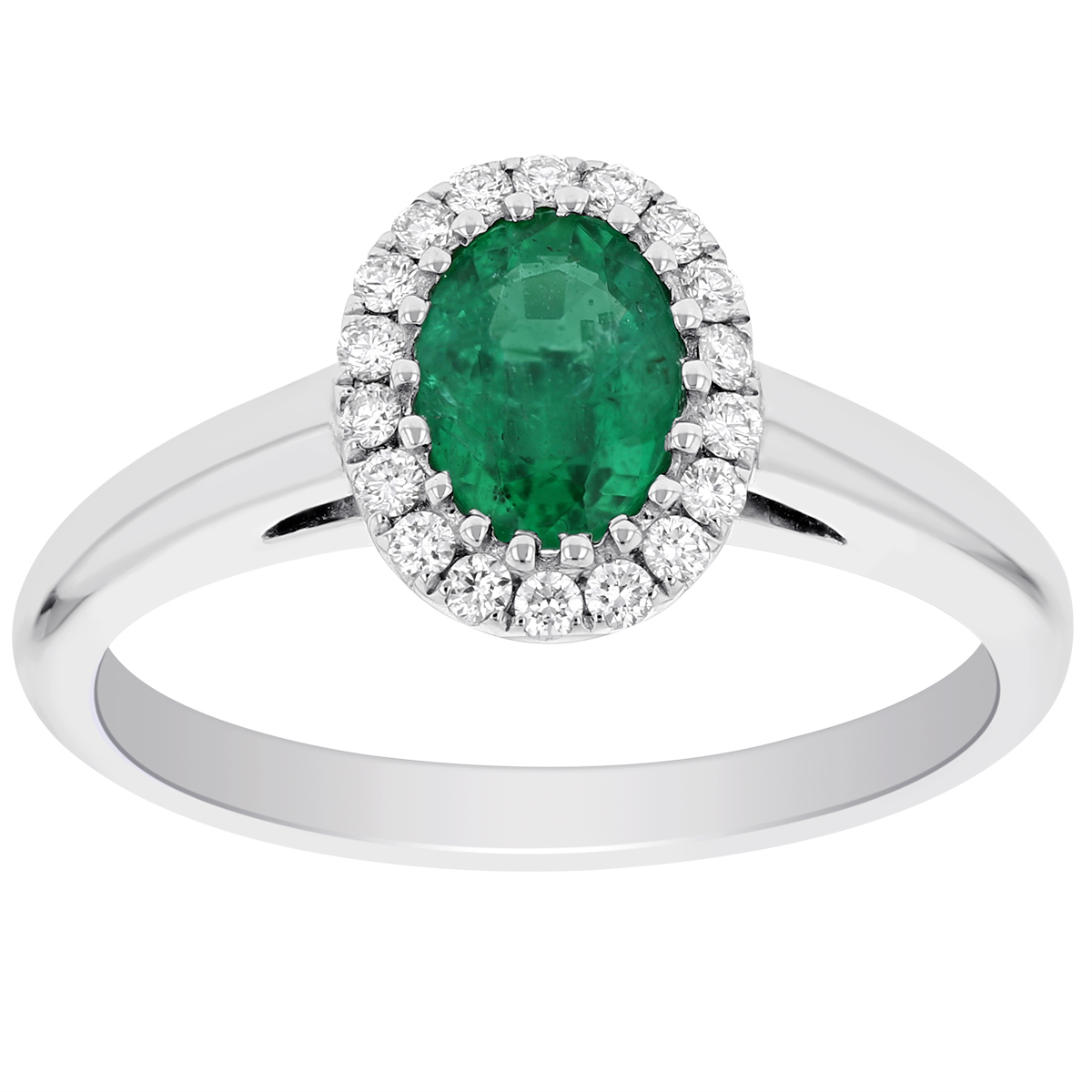 Oval Emerald & Diamond Halo Ring in White Gold
