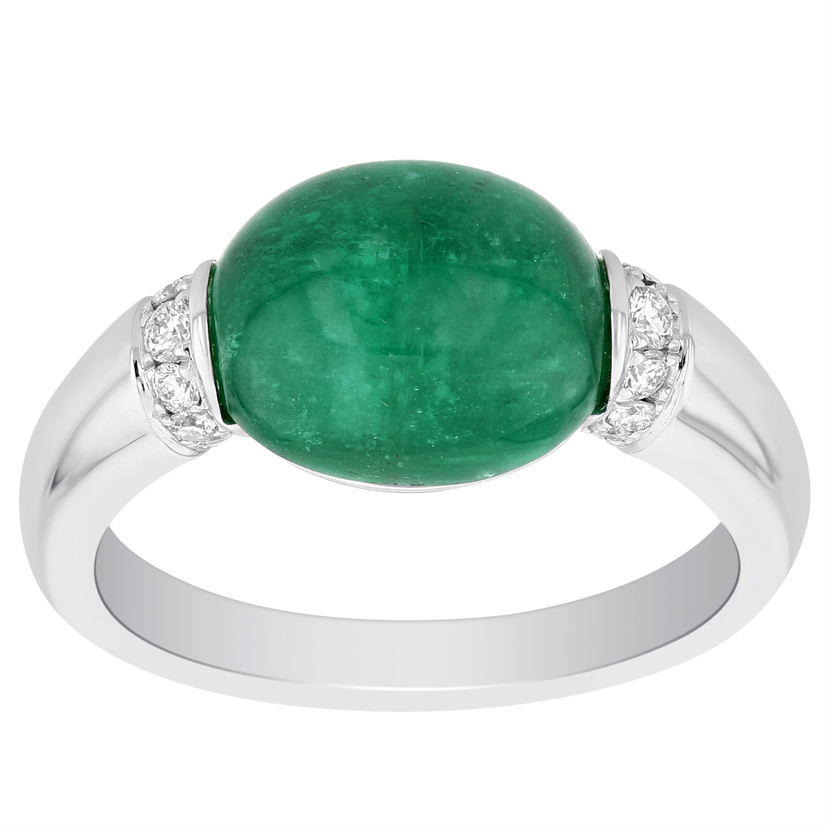 Oval Emerald Cabochon Ring in White Gold with Diamond Rondelles