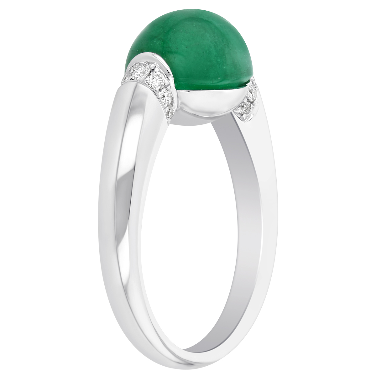 Oval Emerald Cabochon Ring in White Gold with Diamond Rondelles