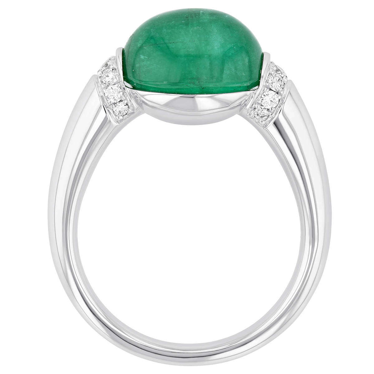 Oval Emerald Cabochon Ring in White Gold with Diamond Rondelles