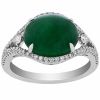 Oval Emerald Cabochon & Diamond Halo Split Shank Ring White Gold