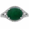 Oval Emerald Cabochon & Diamond Halo Split Shank Ring White Gold