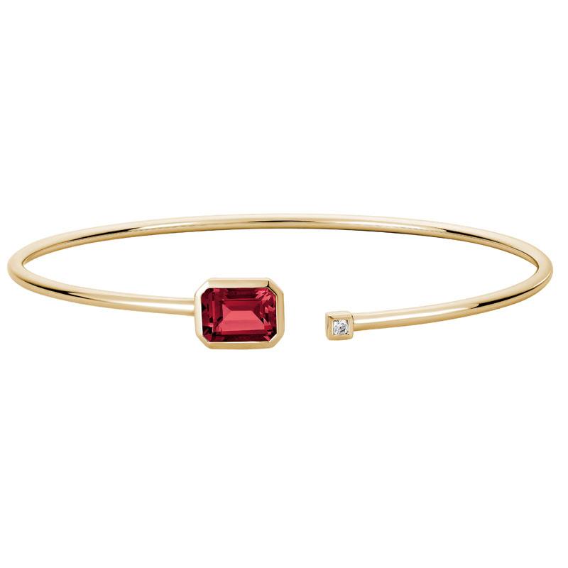 Emerald Cut Garnet Cuff Bracelet with Diamond Accent in Yellow Gold
