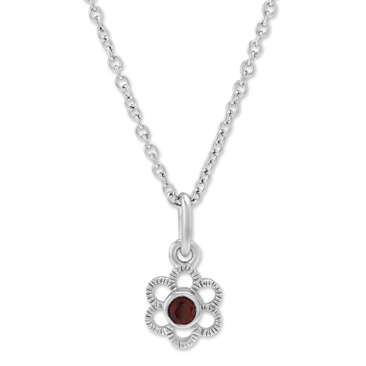 Sterling Silver Child's Garnet Flower Pendant, 15